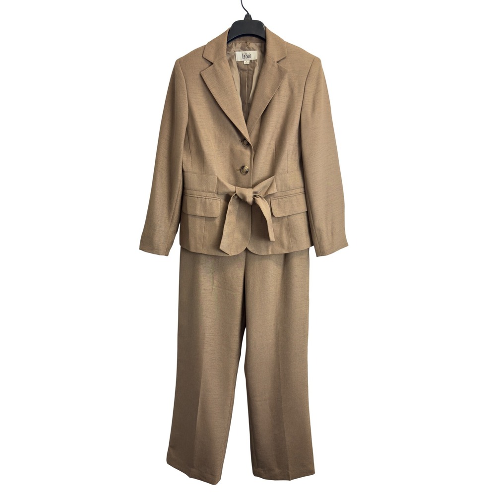 Le Suit Womens Size 8 Tan Brown 2 Piece Pant Suit Tie Waist Blazer Trouser Set